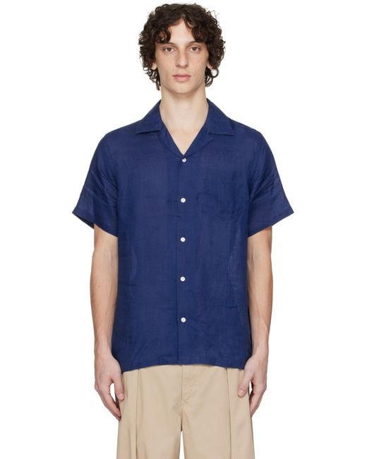 Drake's Blue Ramie Camp Collar Shirt for men
