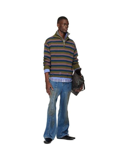 ANDERSSON BELL Black Double Layered Stripe Half Zip-Up Sweater for men