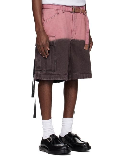 メンズ Sacai グレー＆ピンク ガーメントダイ デニム カーゴショートパンツ Red
