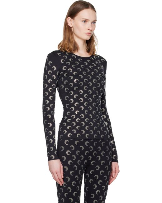MARINE SERRE Black Recycled Moon Strass Second Skin Crewneck T-Shirt