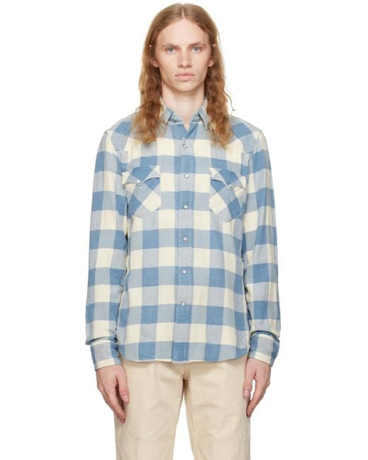 RRL Blue Off- Slim Fit Plaid Western Shirt for men