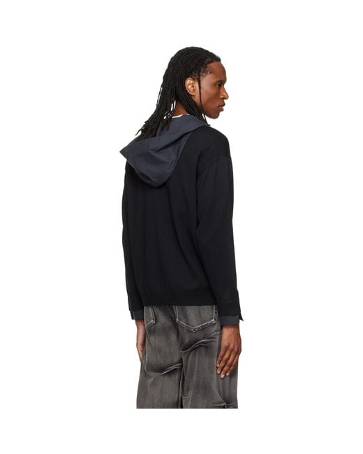 we11done Black Hooded Shirt-Layered Cardigan for men