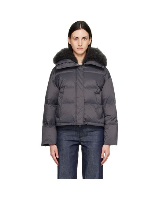 Yves Salomon Gray Waterproof Technical Lambswool Trim Short Down Jacket