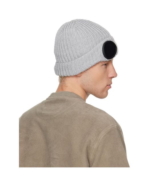 C P Company Gray Extrafine Merino Wool Goggle Beanie for men