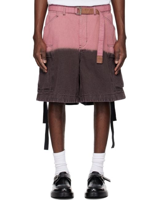メンズ Sacai グレー＆ピンク ガーメントダイ デニム カーゴショートパンツ Red