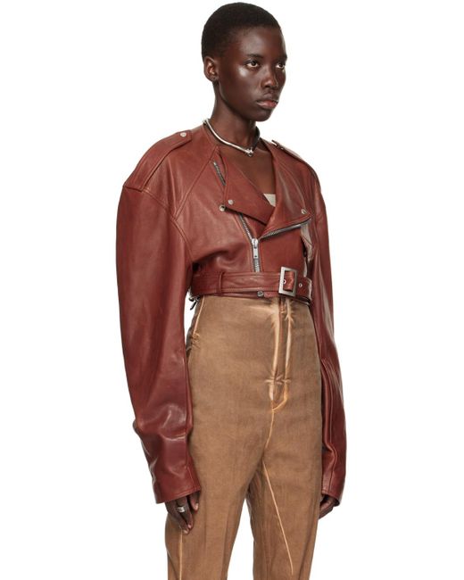 Blouson motard écourté bourgogne en cuir Rick Owens en coloris Orange