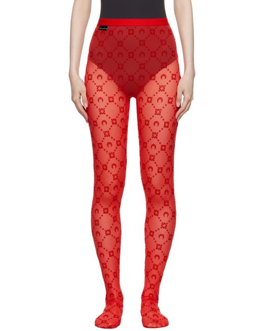 MARINE SERRE Red Moonogram Flocked Mesh Tights