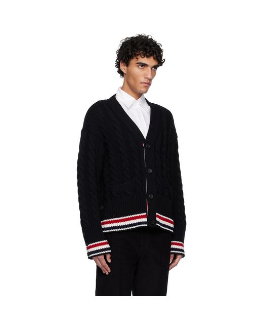Thom Browne Black Merino Baby Cable Stitch Rwb Stripe Cardigan for men