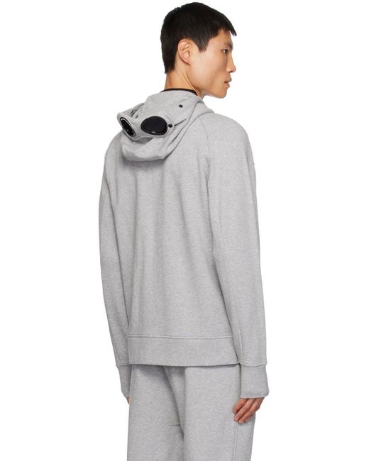 C.P. Company Diagonal Raised Fleece Full Zip Goggle Hoodie Grey at