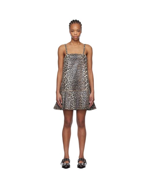 Ganni Black Leopard Foil Print Denim Strap Minidress