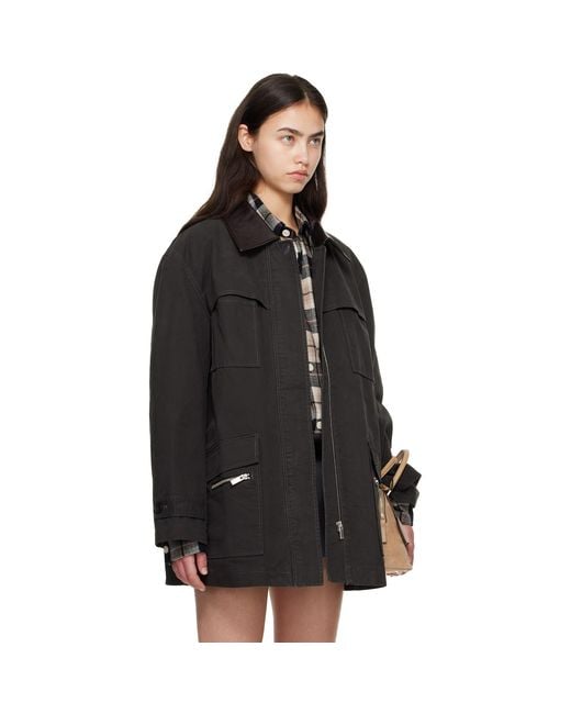 C+plus Series Black Leather-Collar Multi-Pockets Distressed Jacket