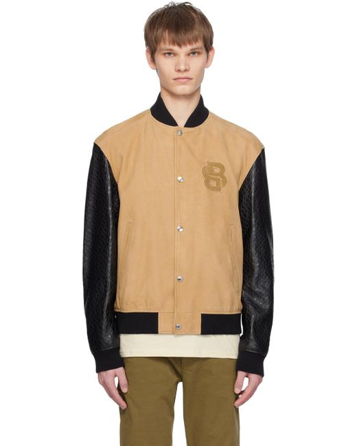 Boss Tan & Black Stand Collar Leather Bomber Jacket for men