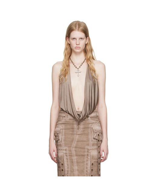 Blumarine Natural Brown Plunging Bodysuit