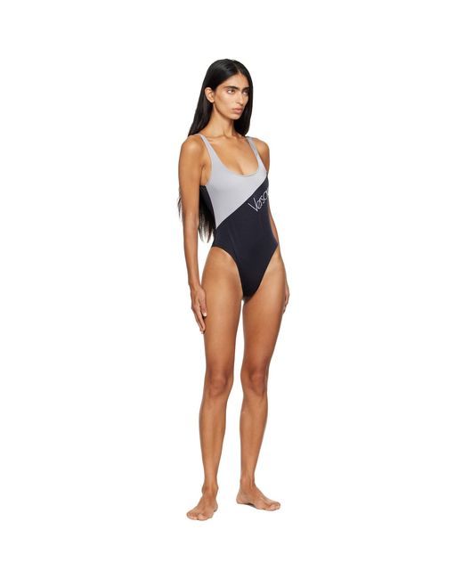 Versace Blue Embroidered-Logo One-Piece Swimsuit