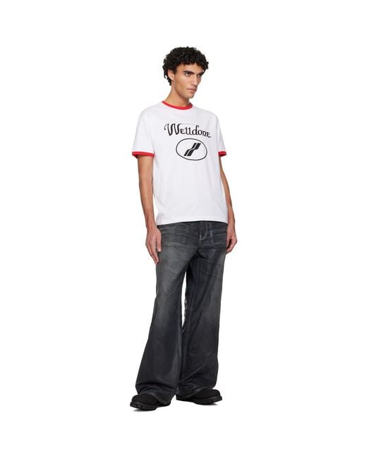we11done White Cursive Logo Fitted Ringer T-Shirt for men