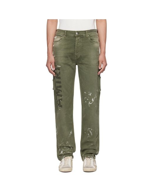 Amiri Green Khaki Army Logo Painted Slim Workman Jeans for men