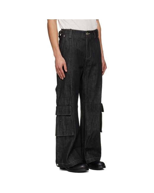 NULLUS Black Whale Fin Snap-On Denim Cargo Pants for men
