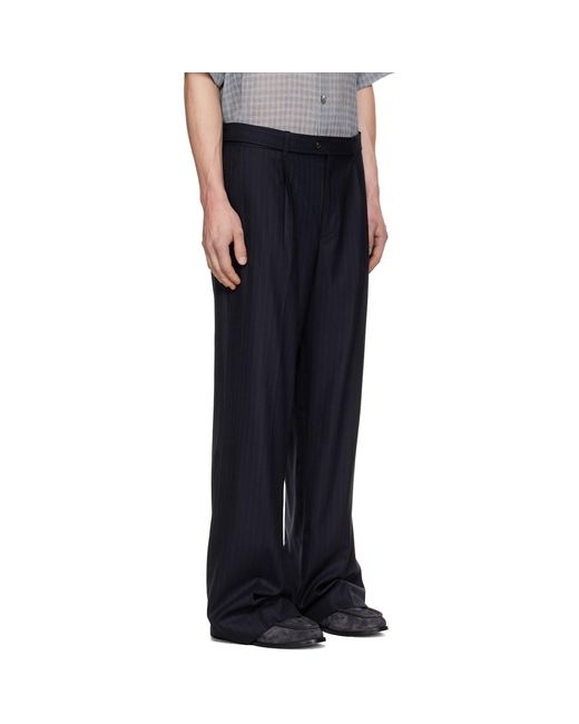 TONYWACK Blue Pinstriped Wool Belted Trousers for men