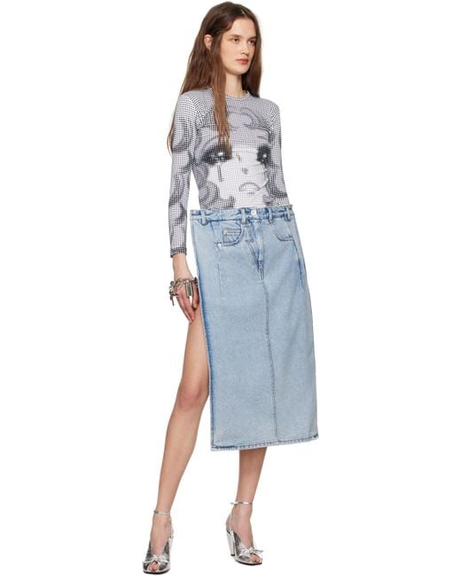 Pushbutton Black Back Panty Square Denim Midi Skirt