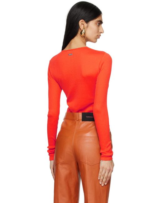 Ferragamo Red Orange V-neck Long Sleeve T-shirt