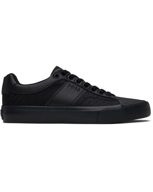 メンズ Boss ブラック メッシュ＆フェイクレザー スニーカー Black