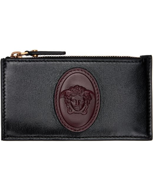 Versace Black Roomy Leather Zip Card Holder for men