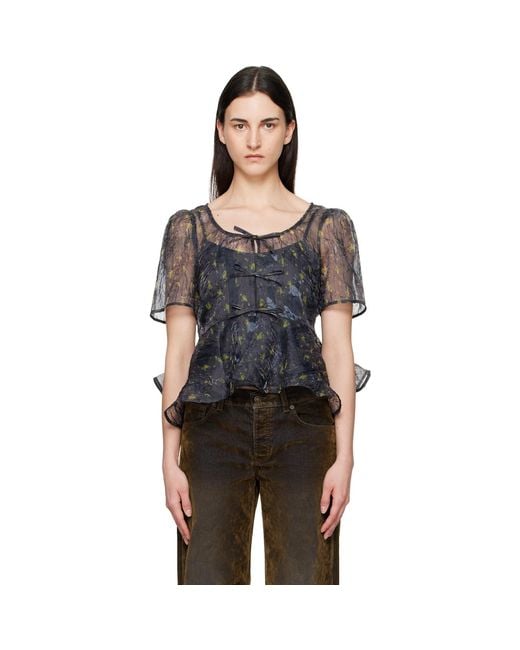 Ganni Black Shibori Organza Peplum Blouse