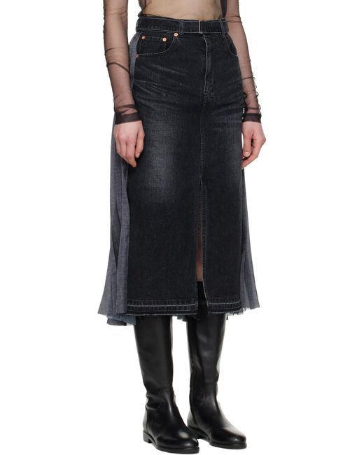 Sacai ブラック パネル デニム ミディアムスカート Black