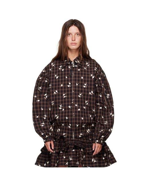 Ganni Brown Printed Check Bomber Jacket