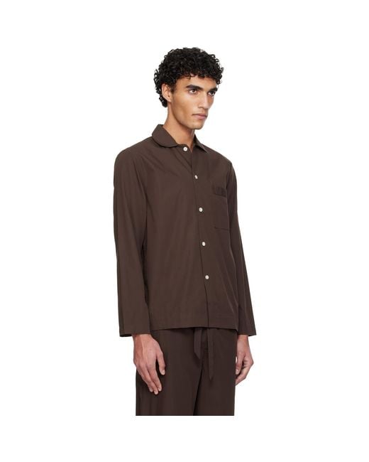Tekla Brown Poplin Long-Sleeved Pyjama Shirt for men