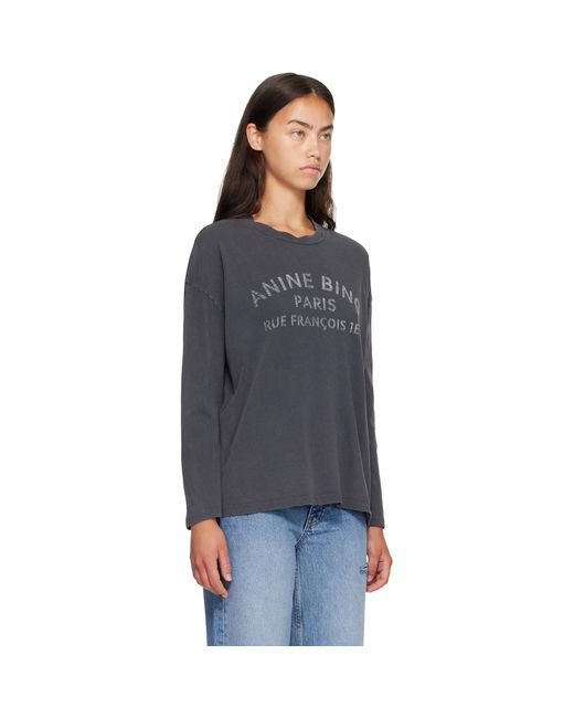 Anine Bing Black Ivan Long Sleeve 'Paris' Stencil T-Shirt