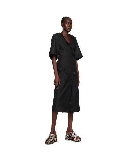 Ganni Black Bead-embellished Cloqué Midi Wrap Dress