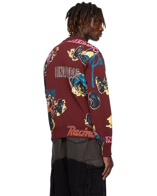 Sacai Red Burgundy Car Race Print Knit Pullover Sweater for men