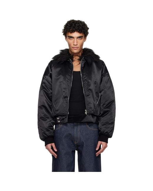 Mugler Black Faux-Fur Collar Bomber Jacket for men