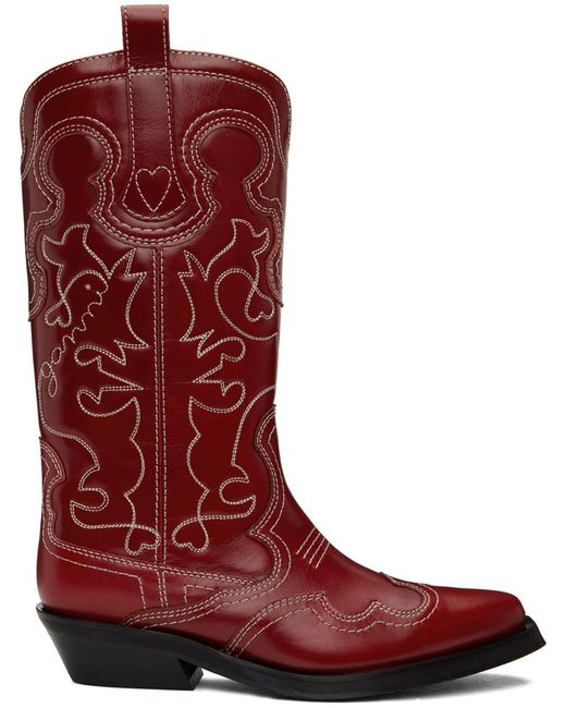 Ganni Red Mid Shaft Embroidered Western Boots