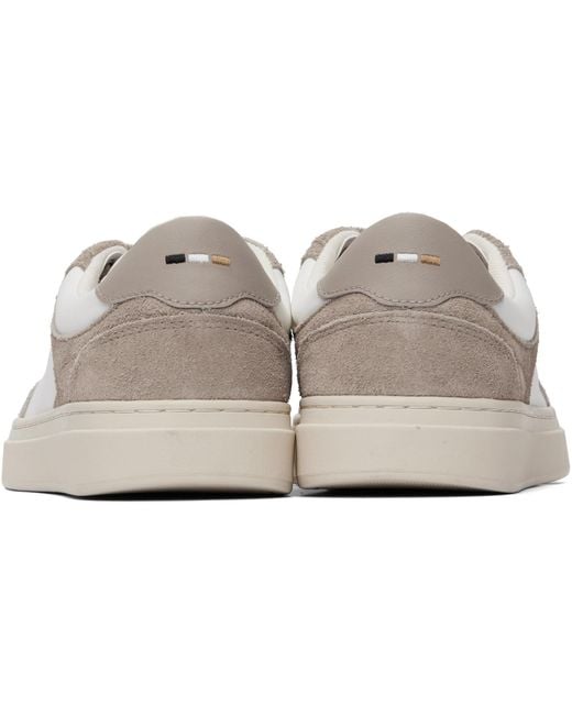 Boss White Taupe Suede Trims Lace-Up Sneakers for men
