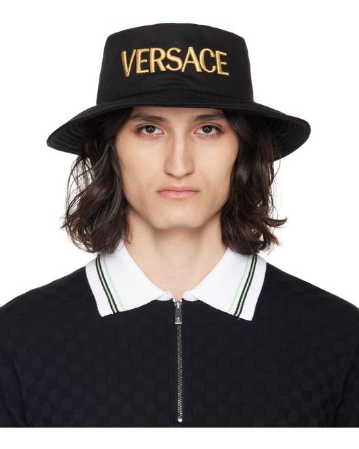 Versace Black Embroidered Logo Bucket Hat for men