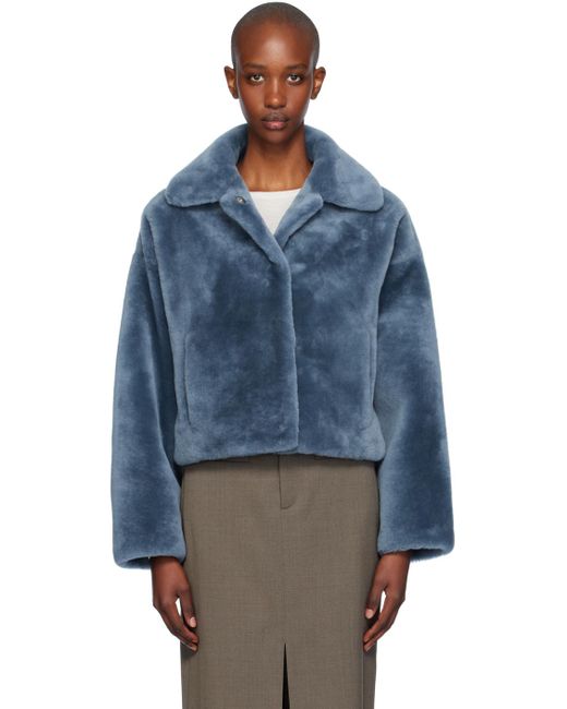 Yves Salomon Blue Merino Shearling Cropped Jacket