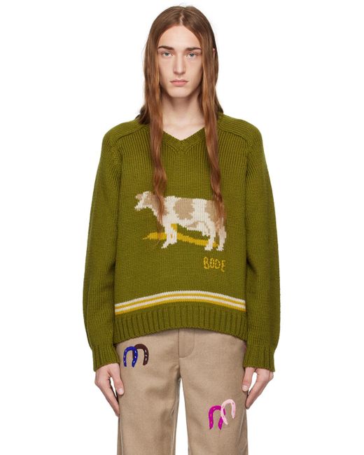 Bode Green Khaki Cattle Sweater for men