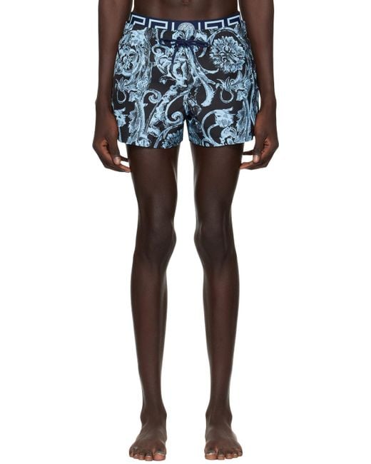 Versace Black Blue Barocco Stencil Swim Shorts for men