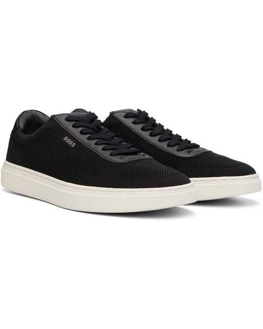 Boss Black Lace-Up Leather Trim Knitted Sneakers for men