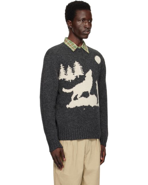 Beams Plus Black Crew Intarsia 3G Sweater for men