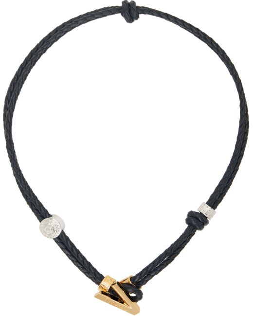 メンズ Versace ブラック V2025 Chain レザー ネックレス Black