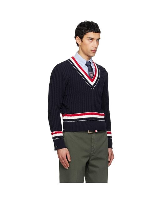 Thom Browne Blue Cable V Neck Sweater for men