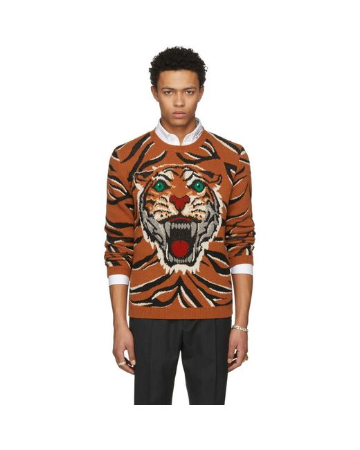 Gucci Orange Guccy Tiger Intarsia Sweater for men