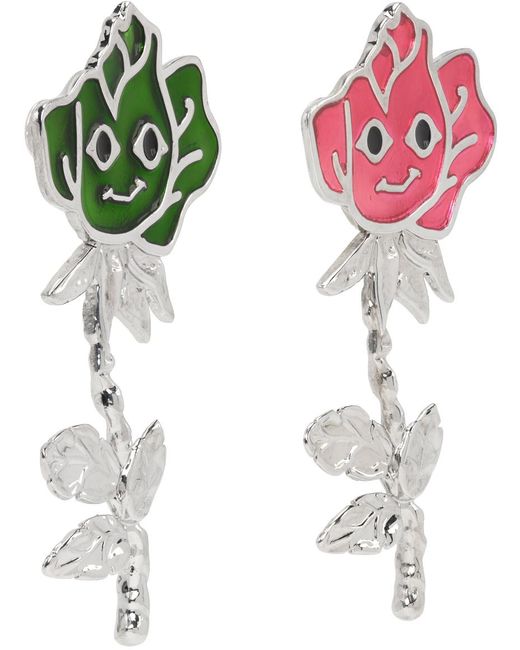 Chopova Lowena Green Silver & Multicolor Long Rose Earrings