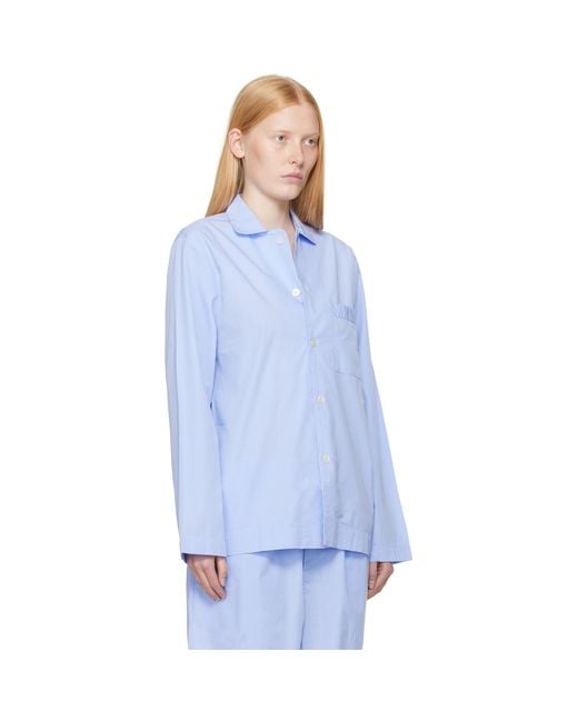 Tekla Blue Poplin Long-Sleeved Pyjama Shirt