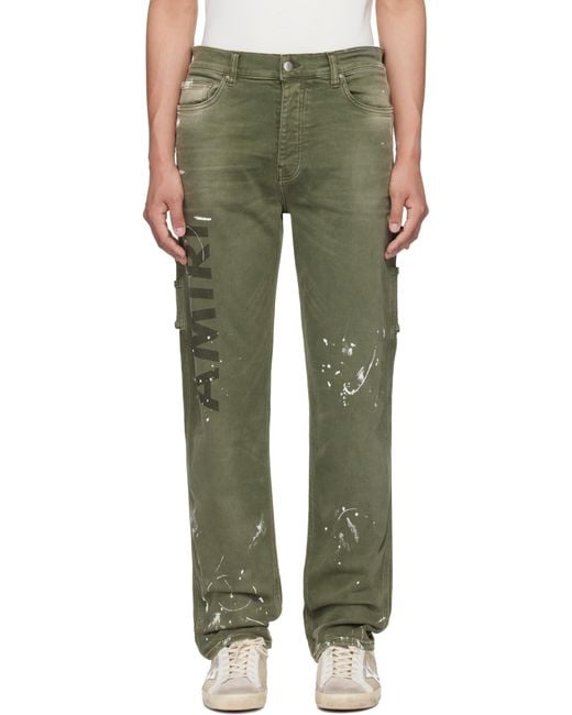Amiri Green Khaki Army Logo Painted Slim Workman Jeans for men