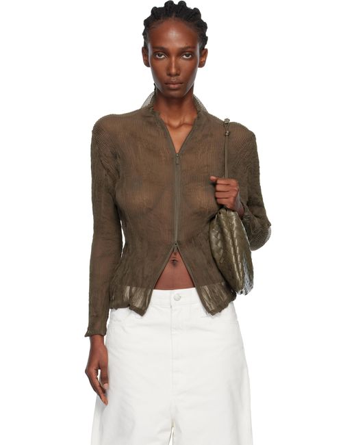 Issey Miyake Khaki Chiffon Twist Cardigan in Brown | Lyst