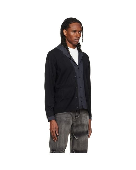 we11done Black Hooded Shirt-Layered Cardigan for men